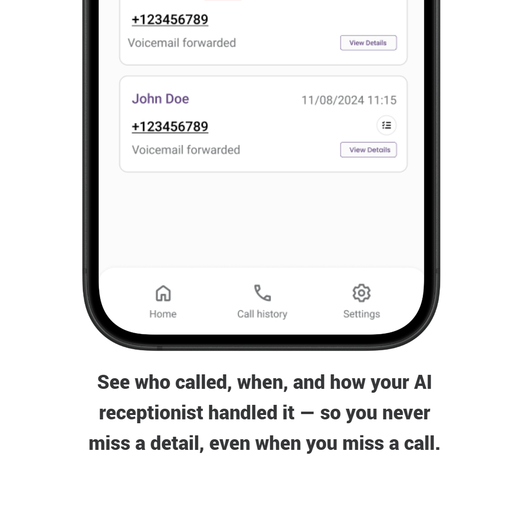 Bottom menu of the Voixana app with Home, Call History and Settings