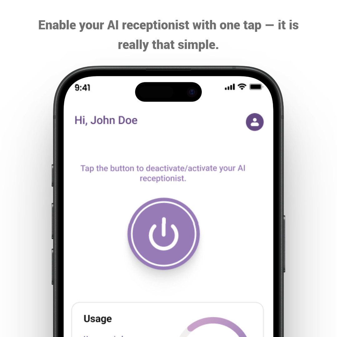 Voixana app with a single button to enable your AI receptionist with one click through call forwarding