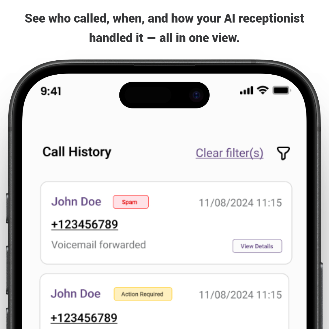 Call history in the Voixana app: who called, when, and how your AI receptionist handled the call