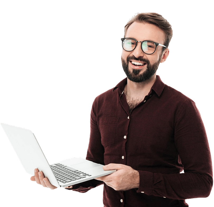 Customer laughing at a laptop, happy with the service of the Voixana AI receptionist